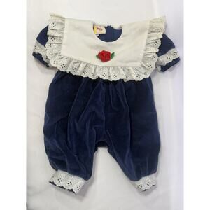 Maty Vintage Velvet Velour Blue Floral Romper Lace Collar One Piece 3-6m Holiday